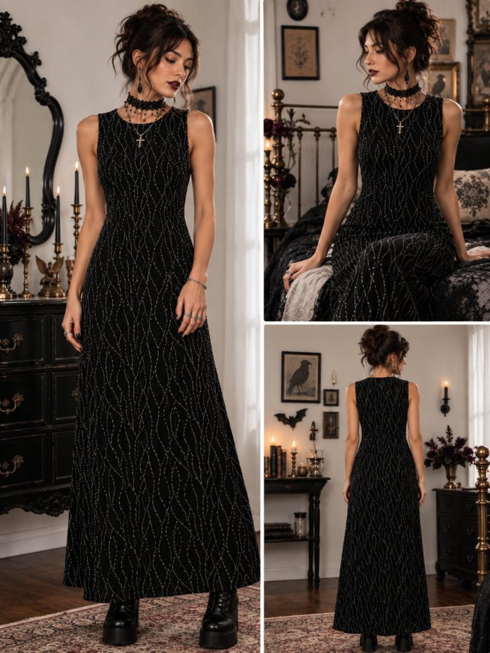 Vintage Goth Chic Alternative Black Sleeveless Maxi Dress with Glitter Web Print